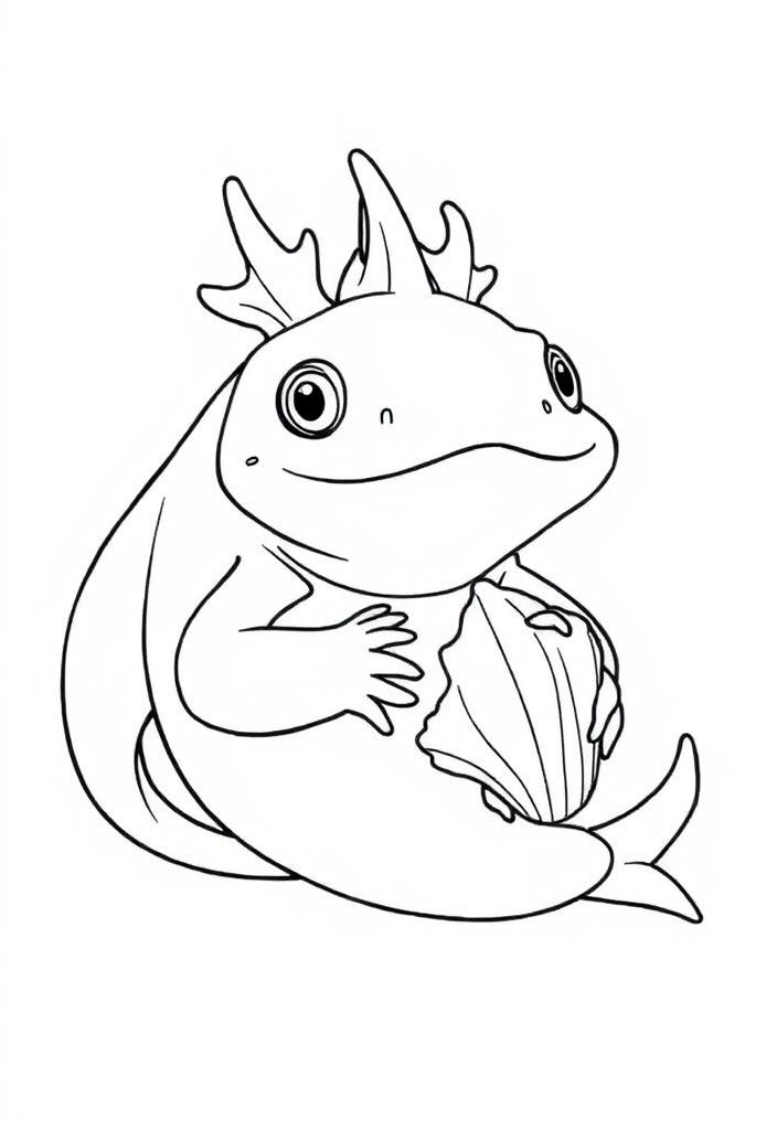 Axolotl holding a seashell