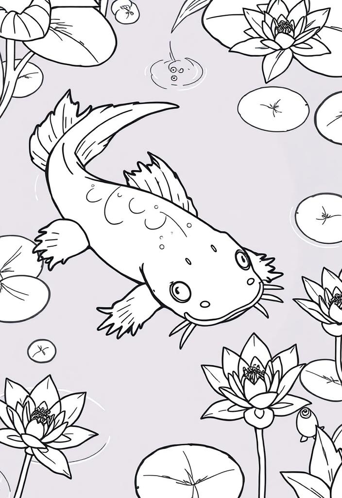 Axolotl in a pond with lilies