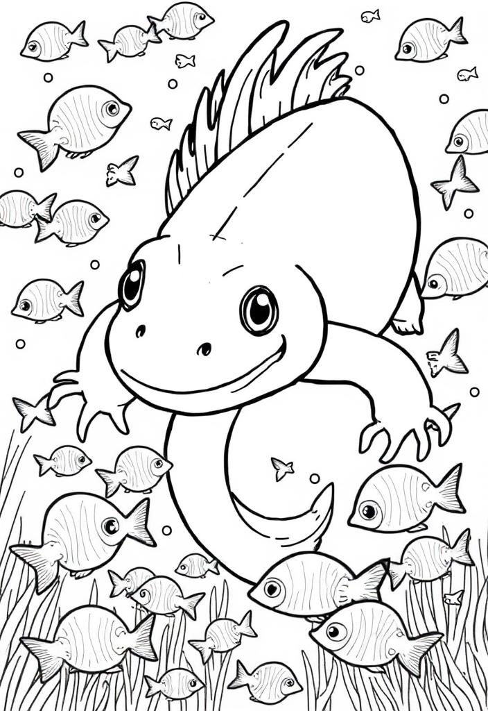 Axolotl surrounded by small fish