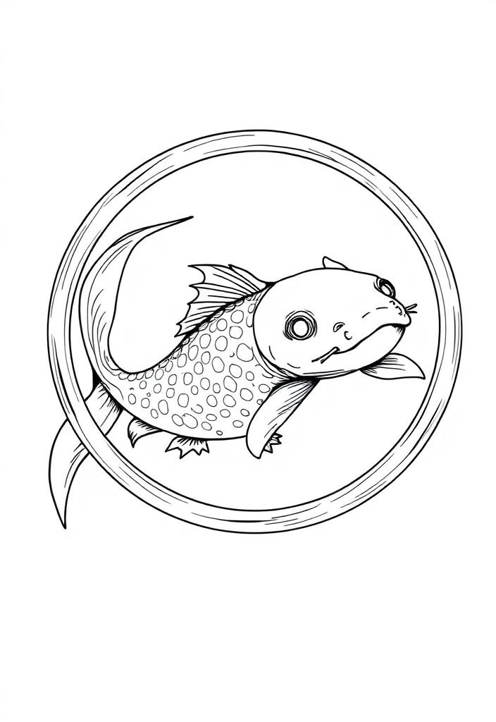 Axolotl swimming through a hoop