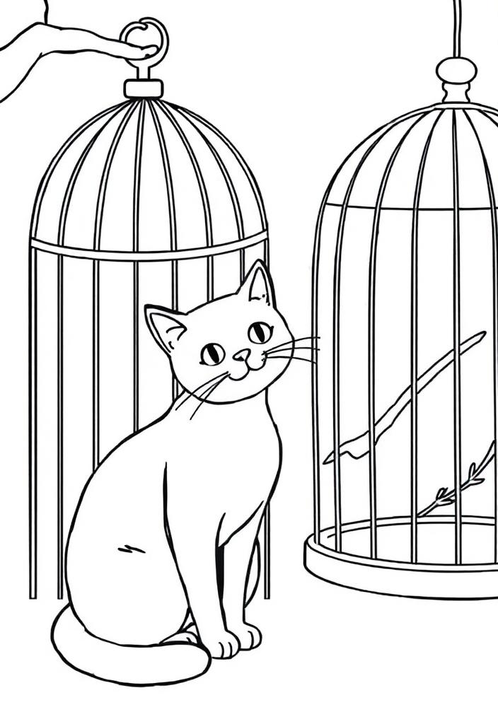 Cat next to a birdcage