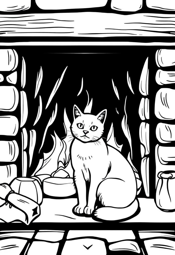 Cat sitting by a fireplace