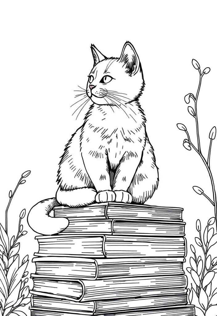 Cat sitting on a pile of books