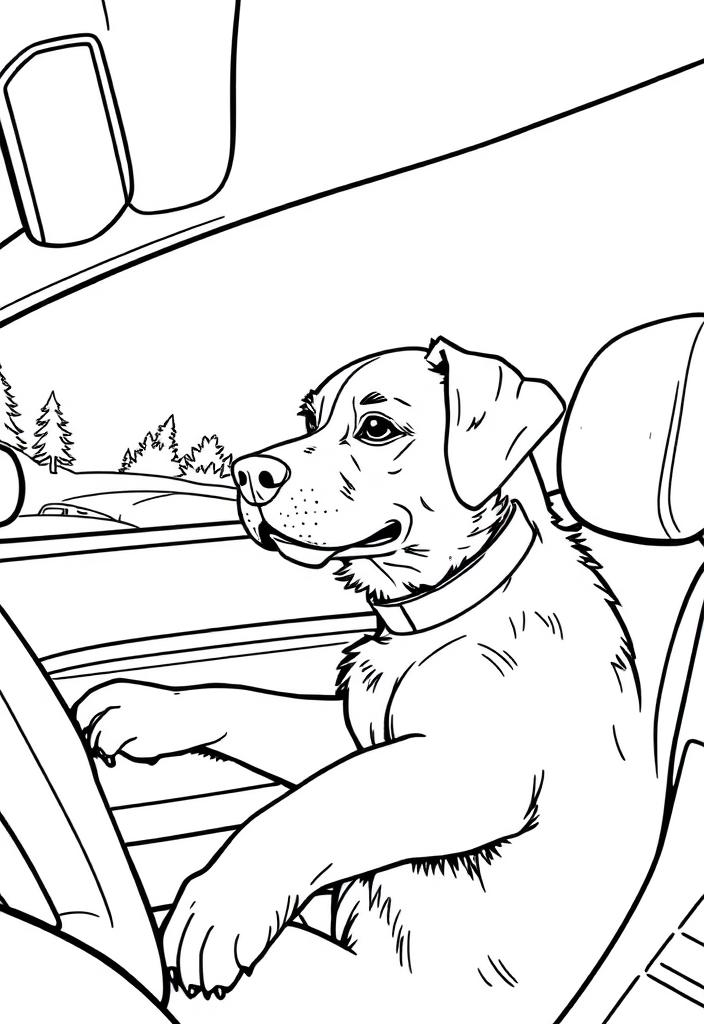 dog driving a car, detailed, fine details