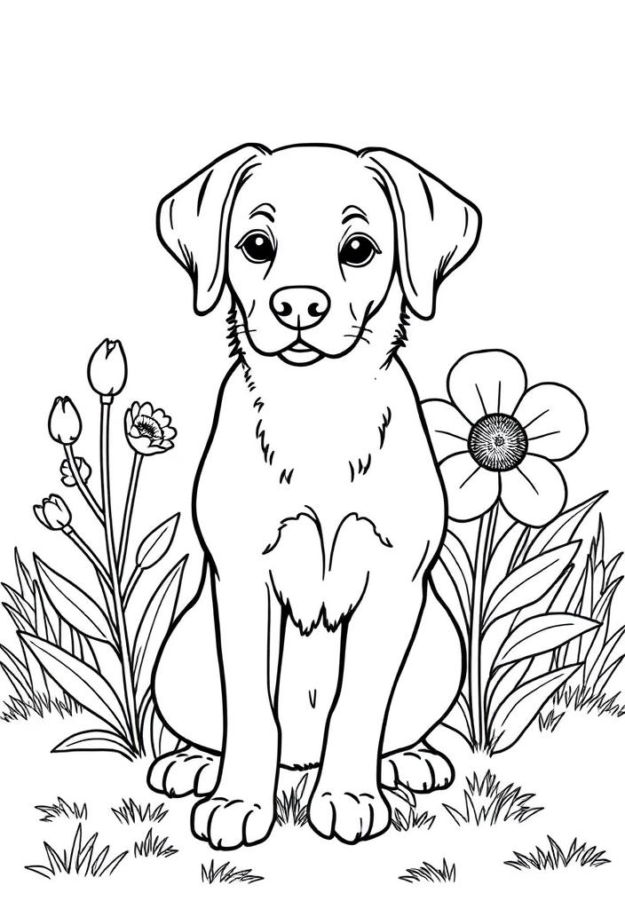 Dog Sitting by a Flower