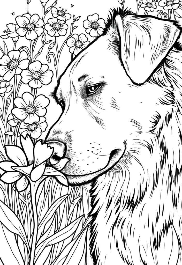 Dog Sniffing a Flower