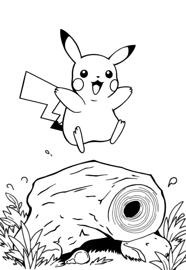 Pikachu jumping over a log