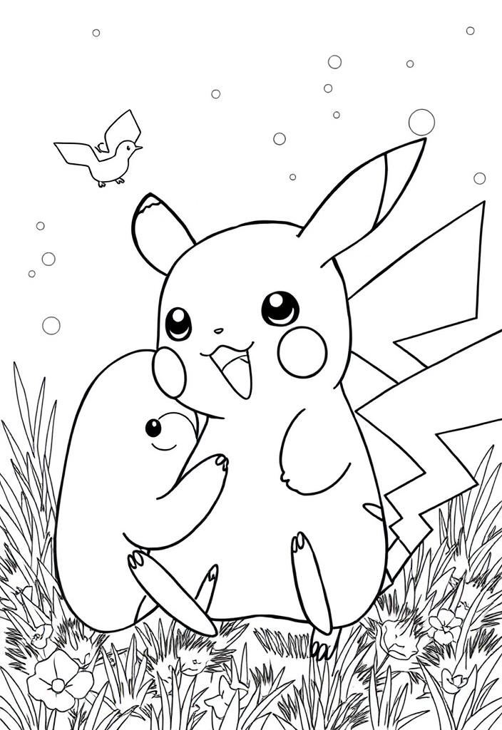 Pikachu playing with another Pokémon