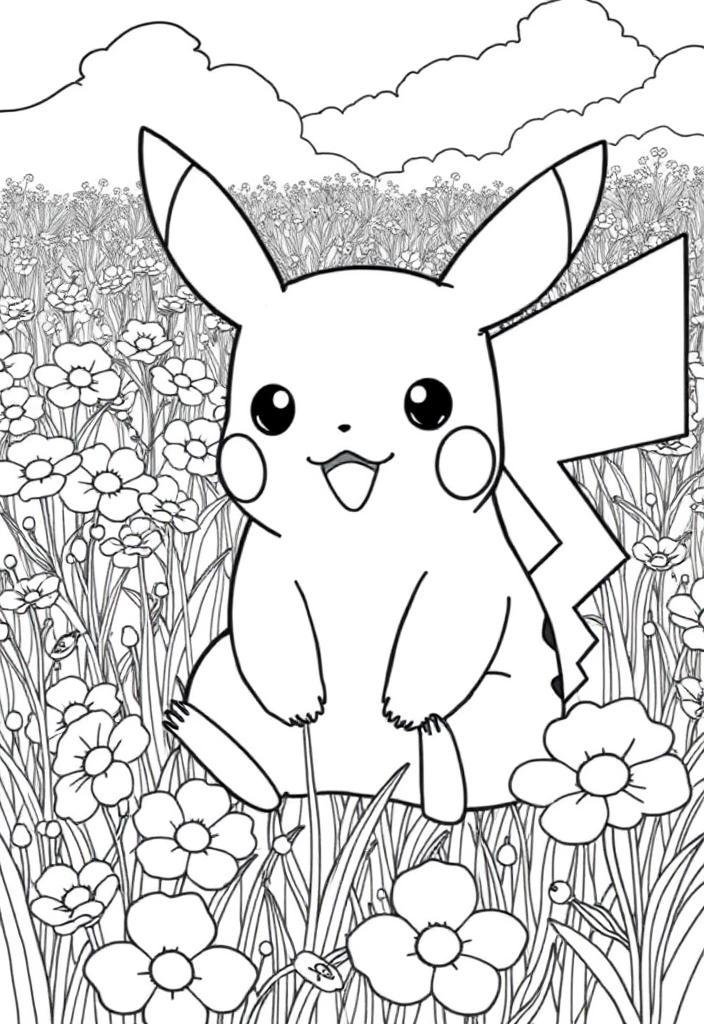 Pikachu sitting in a field of flowers