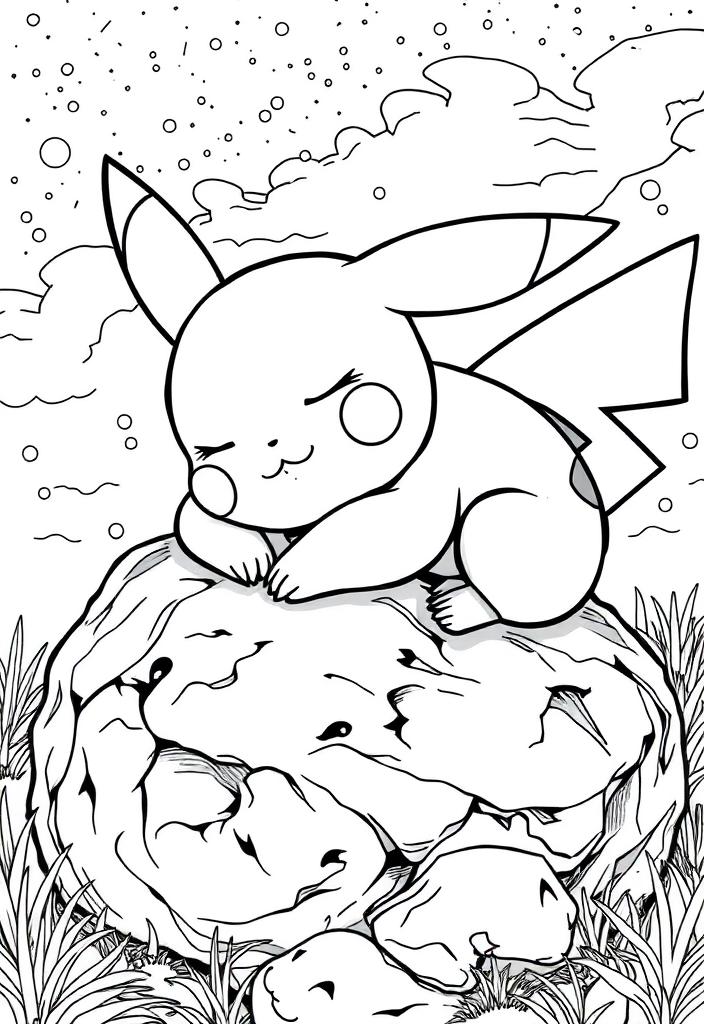 Pikachu sleeping on a rock