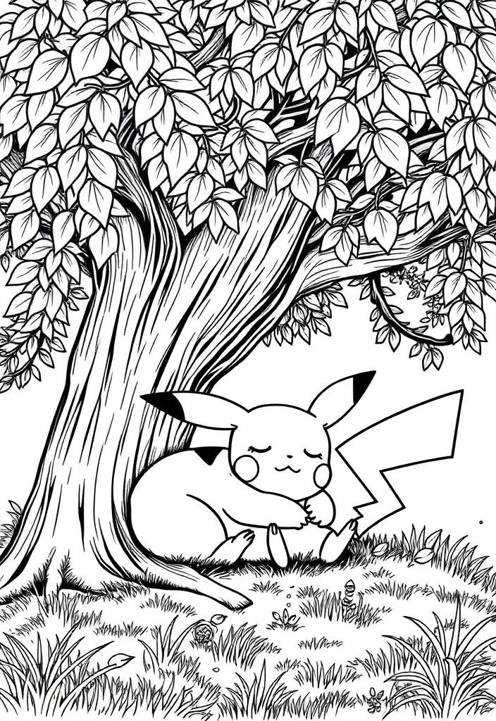 Pikachu sleeping under a tree