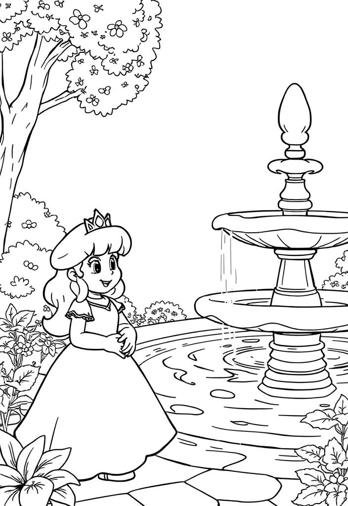 Princess Peach next to a fountain