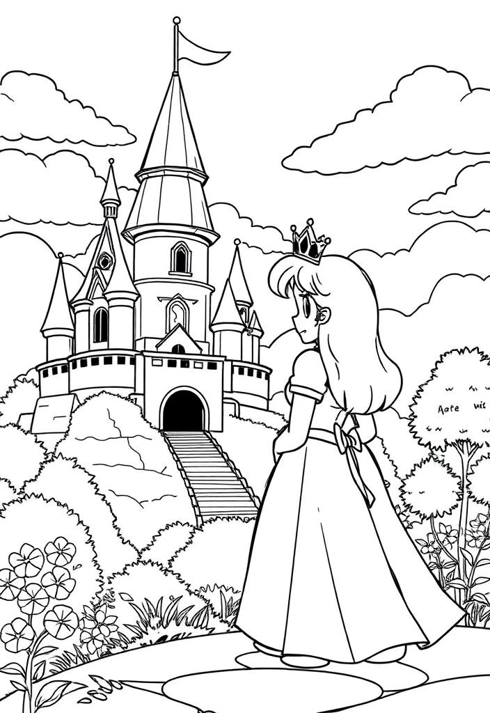 Princess Peach standing by a castle