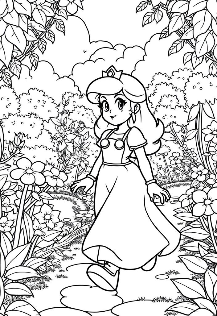 Princess Peach walking through a garden