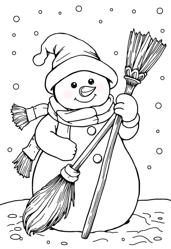 Snowman holding a broom