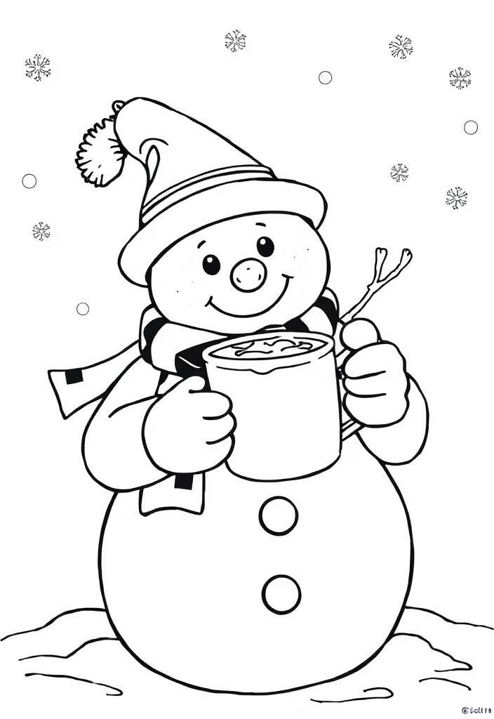 Snowman holding a hot chocolate mug