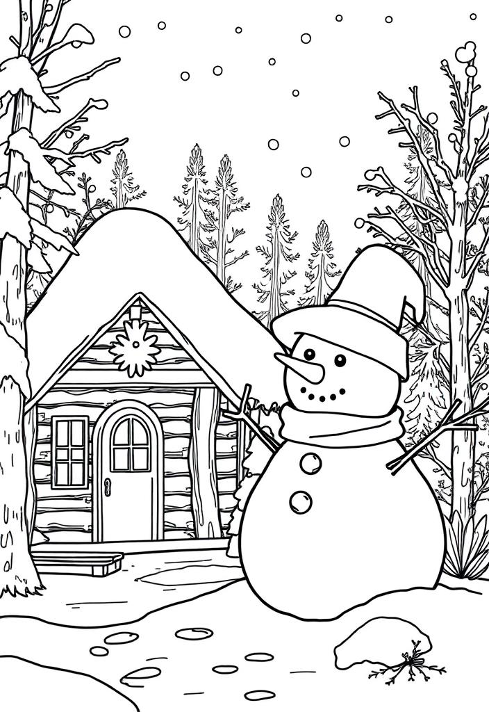 Snowman next to a snow-covered cabin