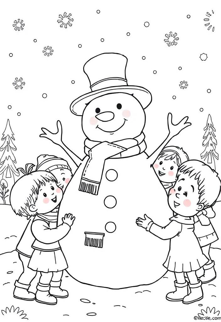 Snowman surrounded by kids