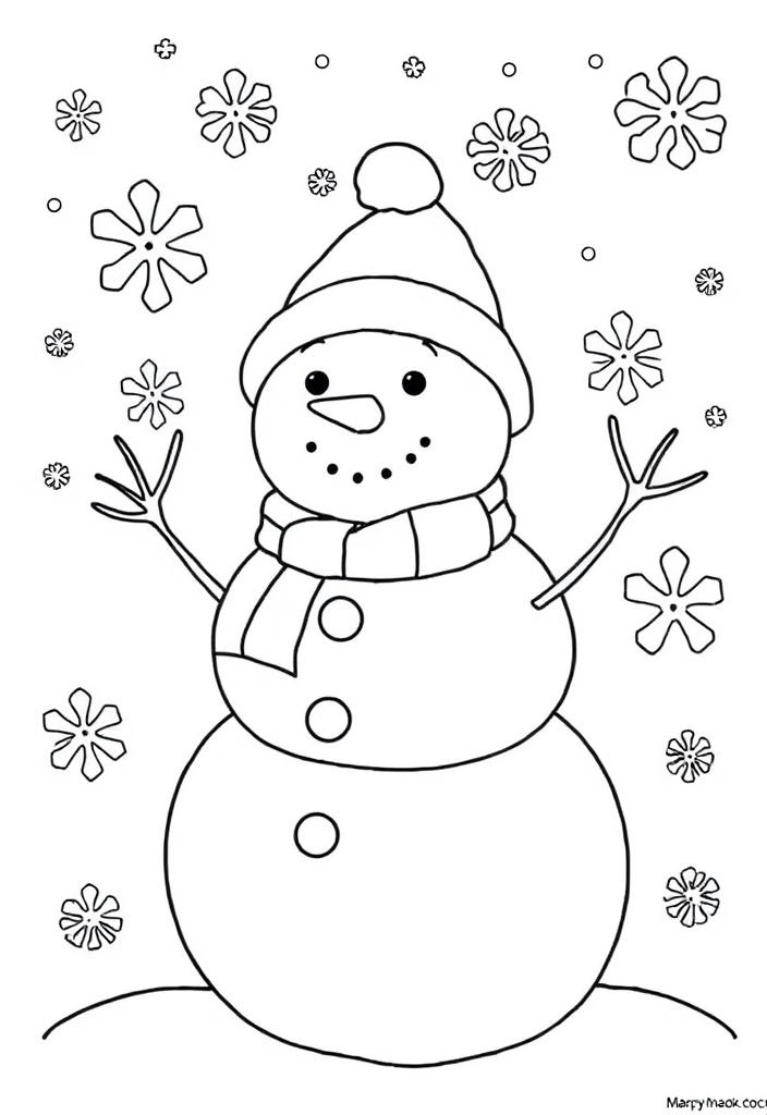 Snowman surrounded by snowflakes