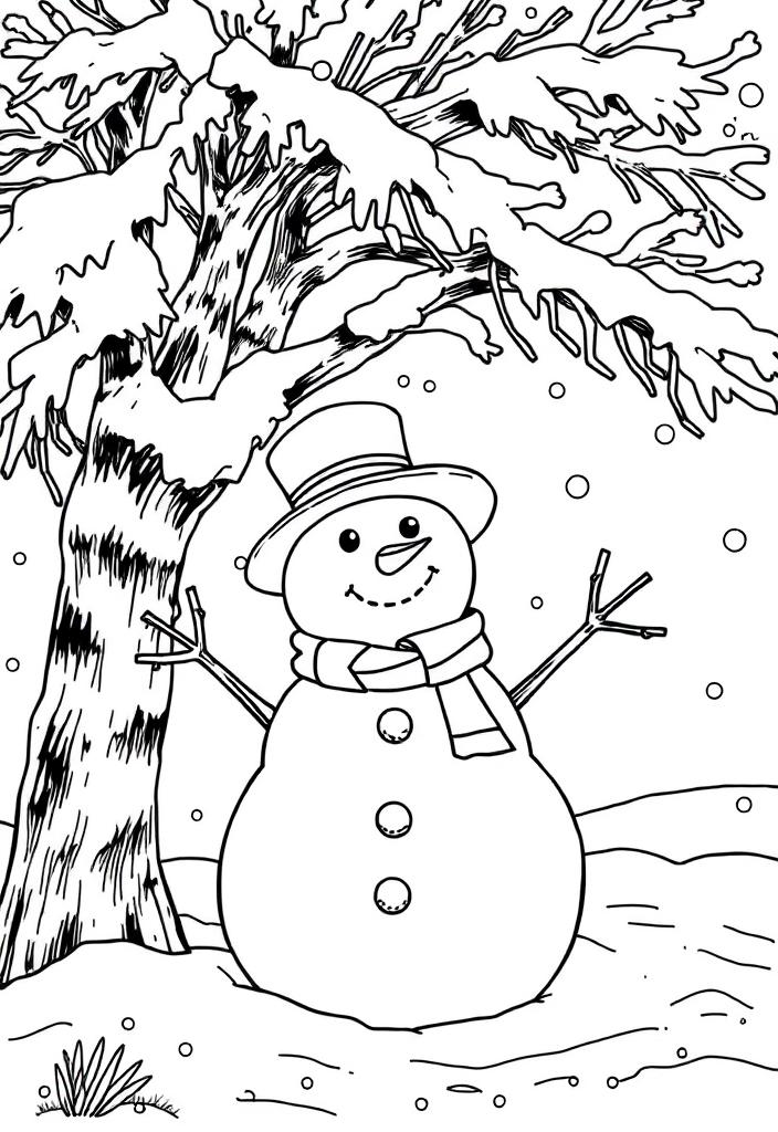 Snowman under a snowy tree