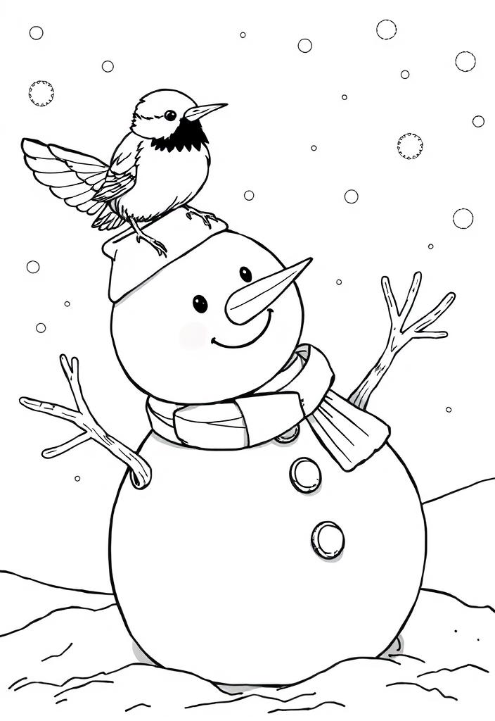 Snowman with a bird on its head