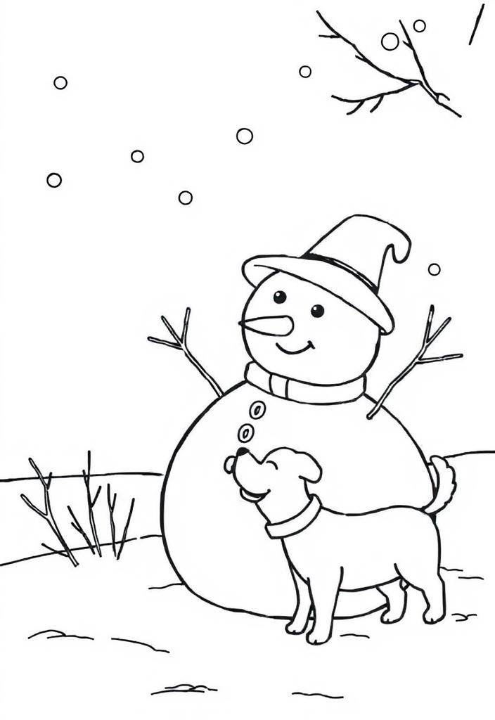 Snowman with a dog playing nearby