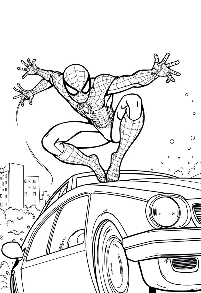 Spider-Man jumping over a car