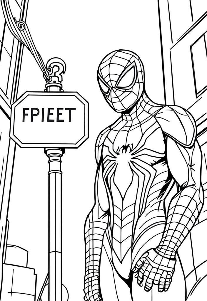 Spider-Man next to a street sign