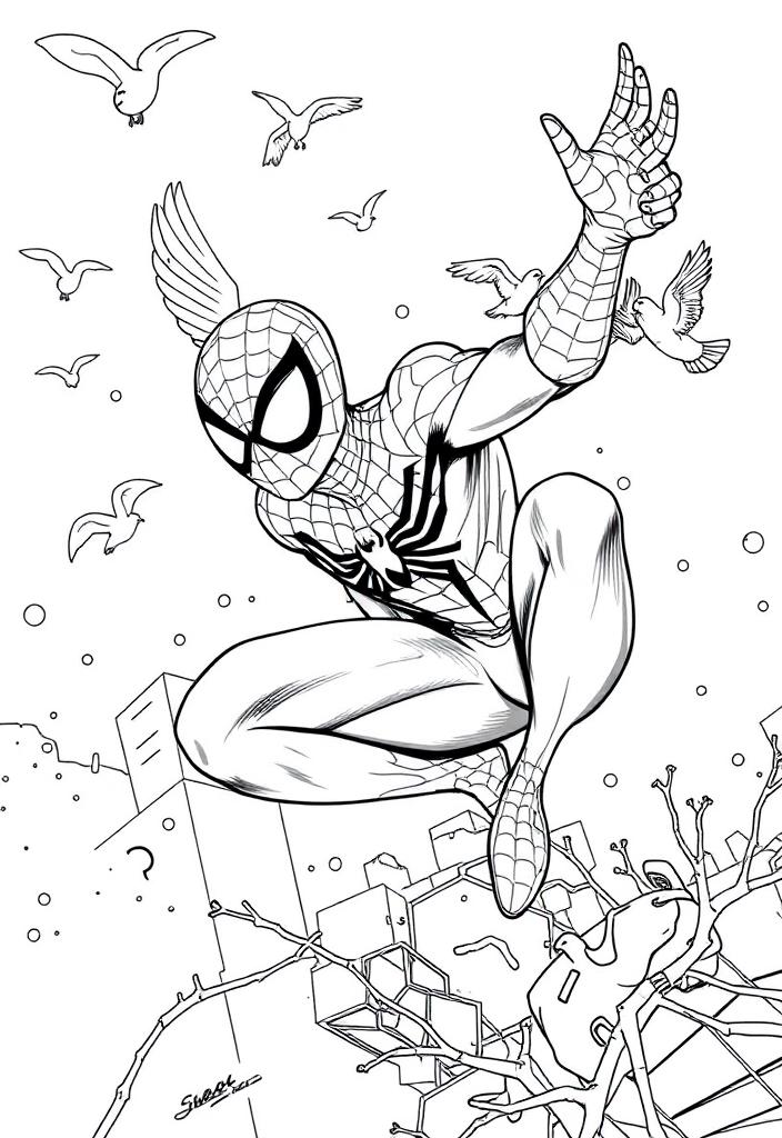 Spider-Man with birds flying by