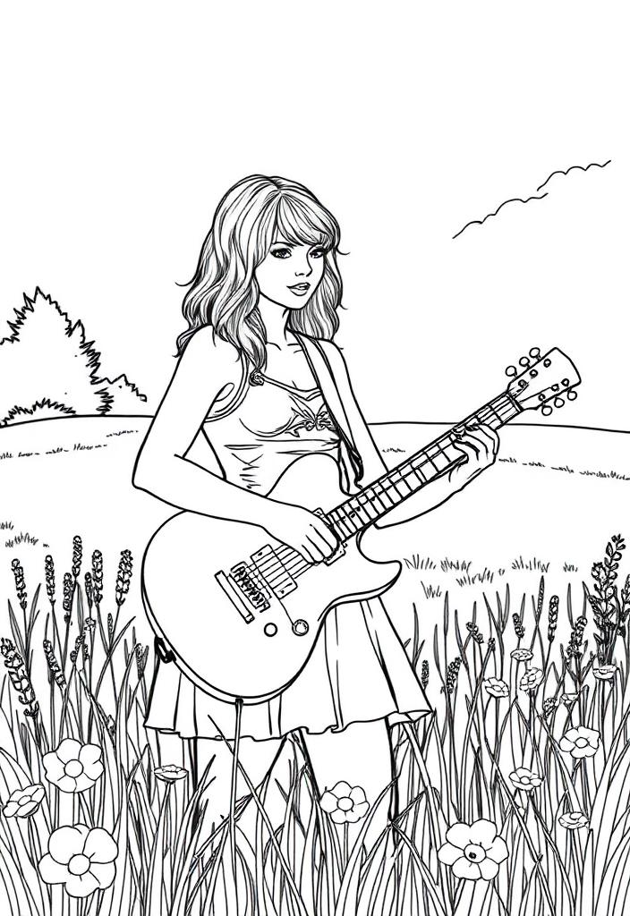 Taylor Swift with a guitar in a meadow