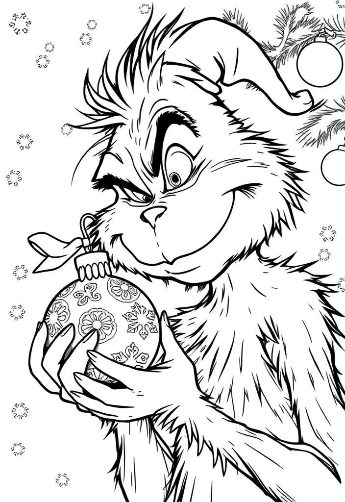 The Grinch holding a Christmas ornament