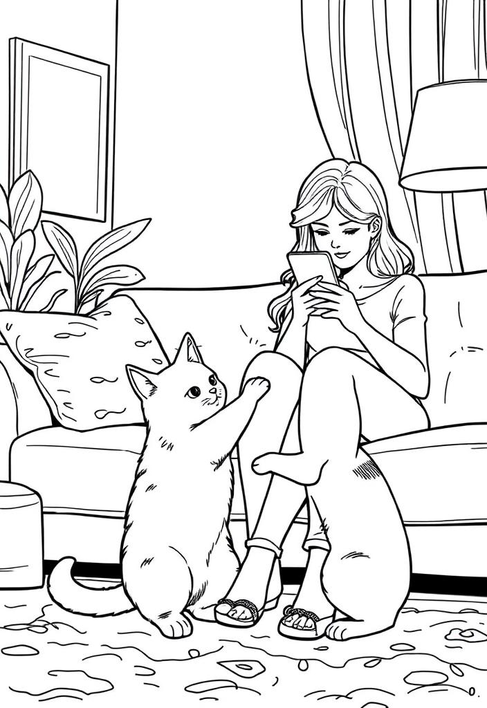 woman sitting on sofa with a phone while cat is harassing a plush cat